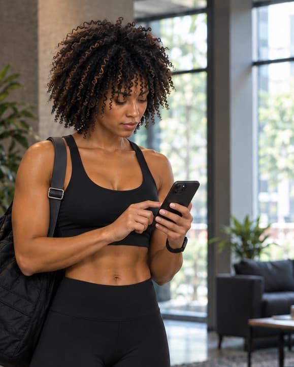 A client in a gym lobby picking a session time on her phone.
