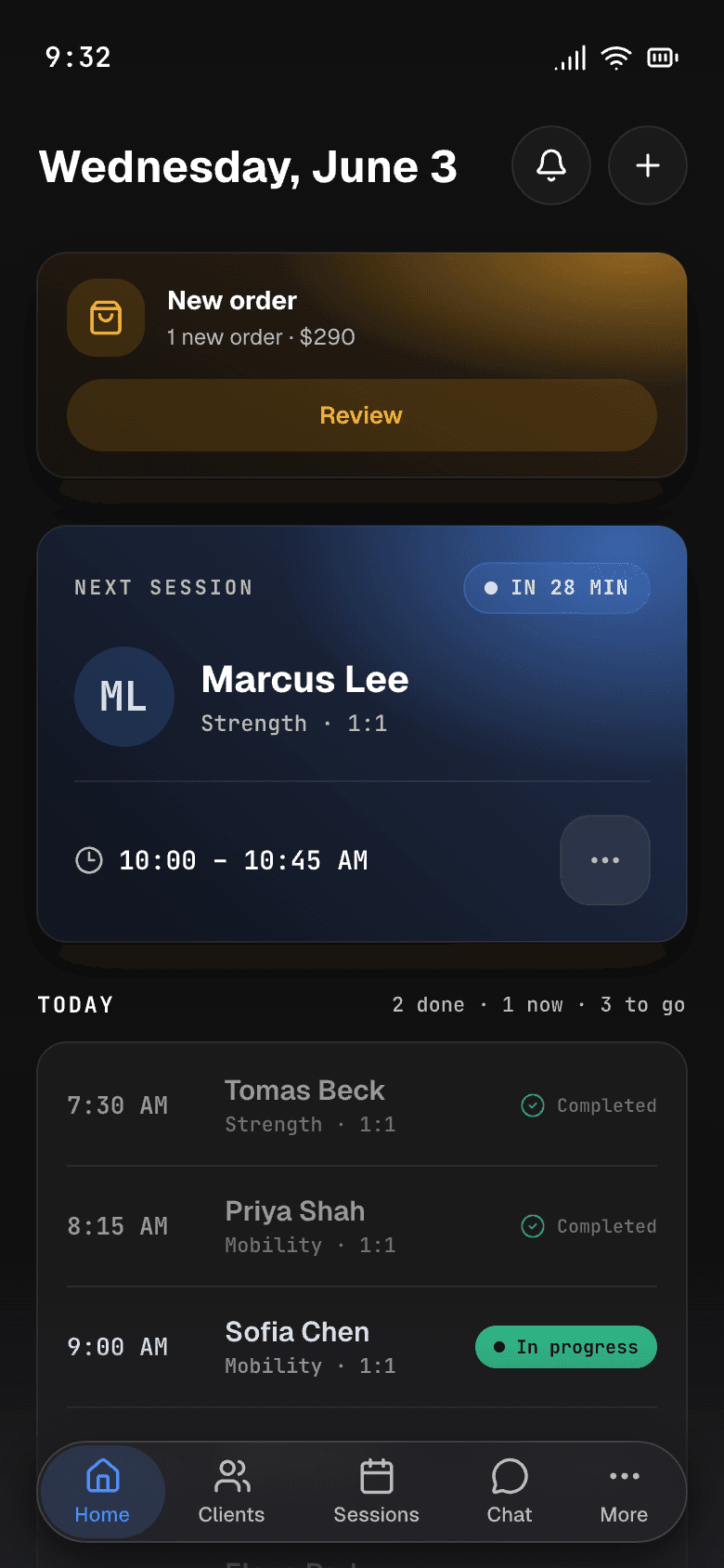 Traqqo trainer home screen with today's sessions and orders